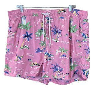 J.Crew Swim Trunk Board Shorts Pink Hawaiian Pattern Mesh Lining Pockets Mens XL